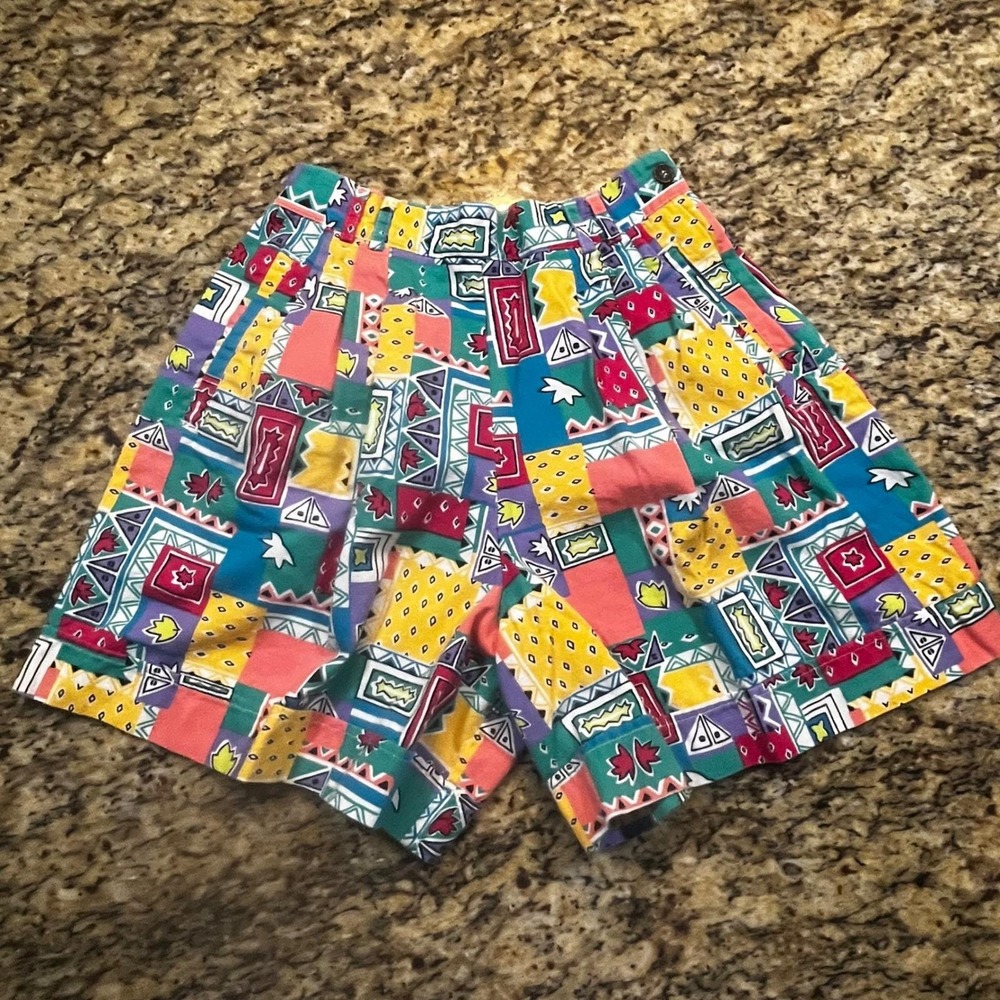 Vintage 80s 90s High Waisted Geometric Patchwork Pleated Shorts Women S